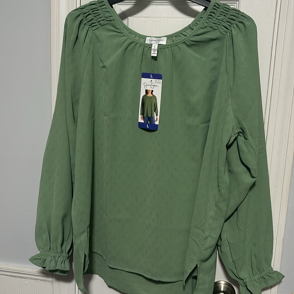 JESSICA SIMPSON green Long Sleeve Peasant Blouse Womens Size L NWT